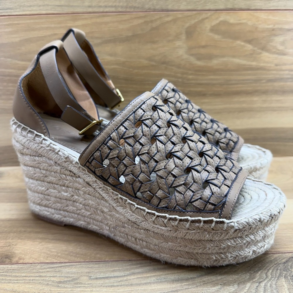 Tory Burch Basketweave Platform Wedge Sandals 8 M Almond Flour Ankle Strap - Picture 2 of 12